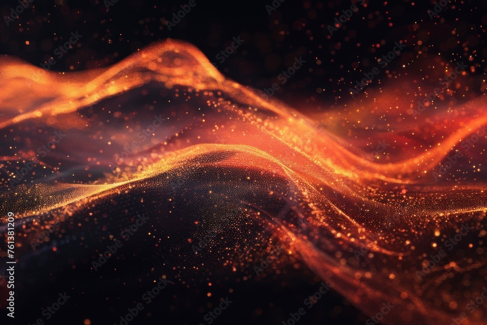 Poster abstract red orange yellow glowing grainy color gradient wave shape black background noise texture e