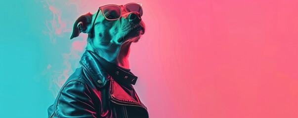 colorful illustration of fantasy dog character in sunglasses and leather jacket looking away...