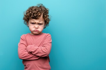 Angry disgruntled little boy on a solid blue background - obrazy, fototapety, plakaty