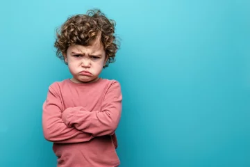 Fotobehang Angry disgruntled little boy on a solid blue background © Igor