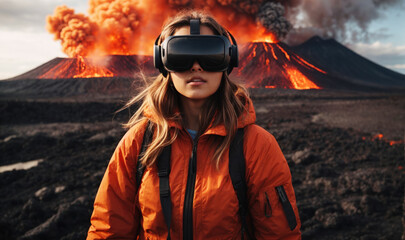 Young woman using the virtual reality headset on the background of a volcano. Game technology concept - 761381261