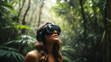A girl using the virtual reality headset in the forest. Game technology concept - 761381269