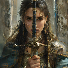 Princess with a sword leading her people, a symbol of courage and defiance.