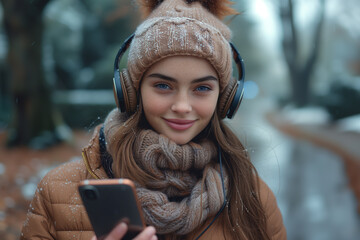 Close-up portrait of an excited girl walking on the street. beautiful cheerful young woman in headphones enjoying music while relaxing outdoors in the city