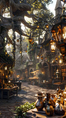 An enchanted village market street comes alive at dusk with glowing lanterns, sprawling ivy, and a magical ambiance amid the ancient trees.