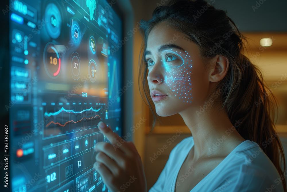 Poster a person interacting with a smart mirror displaying real-time health metrics and fitness goals. conc