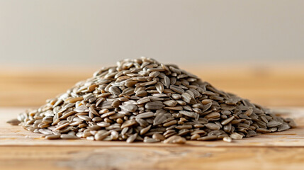Obraz premium commercial stock flat lay photo of small pile of about five raw white sunflower seeds against light tan background сreated with Generative Ai