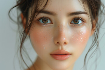 High quality crop photo of skincare and cosmetics A woman with brown hair and brown eyes is wearing makeup