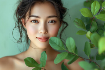 Fototapeta premium high quality beauty portrait Attractive Asian girl against a background of tropical foliage. Skin care concept