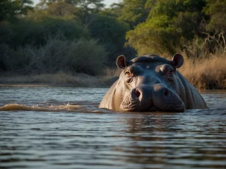 Tuinposter Lakeside Giants, Exploring the World of Hippopotamuses. © BNMK0819