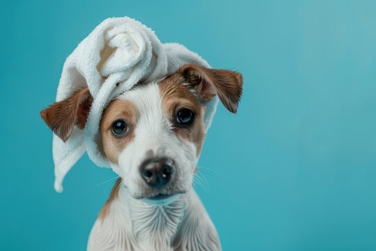 cute dog with a towel rolled on his head after a shower on a blue background