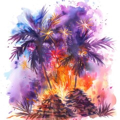 Artistic representation of a tropical beach with fireworks