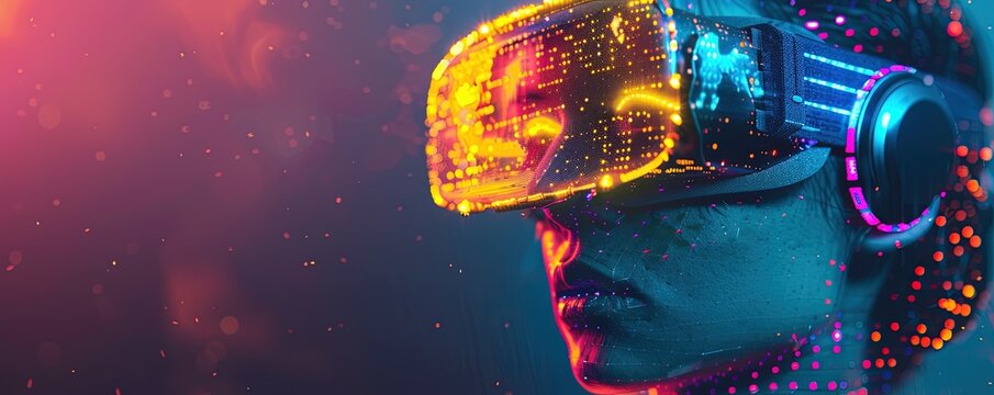 fantasy illustration of headshot of cyborg character of glowing neon colors dots in virtual reality headset on dark background