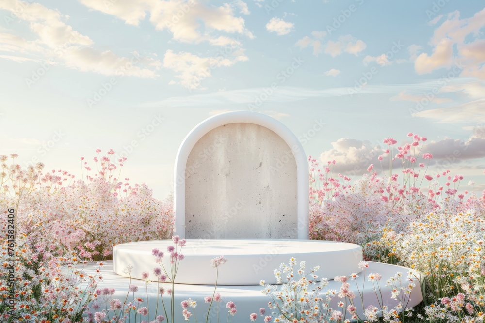 Poster natural podium product display backdrop with dreamy spring field background