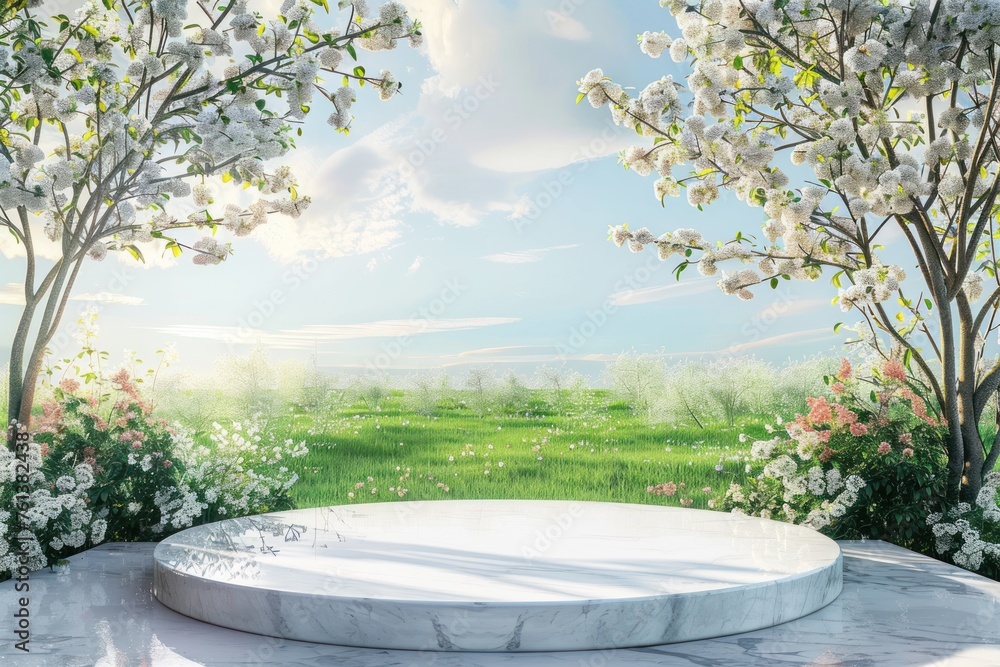 Poster natural podium product display backdrop with dreamy spring field background