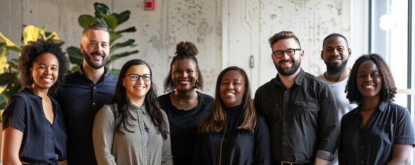 Group of diverse colleagues smiling in modern office