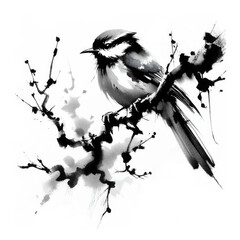 Black and white Drawing of Abstract Bird sitting on the branch . Black Ink And Watercolor,  Chinese Ink Art Style - 761382451