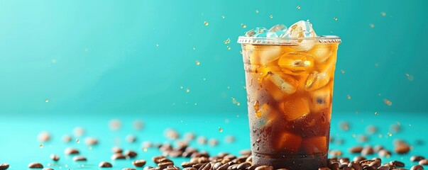Iced americano coffee with coffee beans on color background