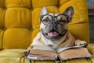 Photo of a funny smiling dog school with glasses hold books