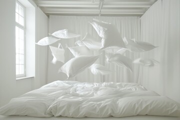 pillows flying over the bed in white room
