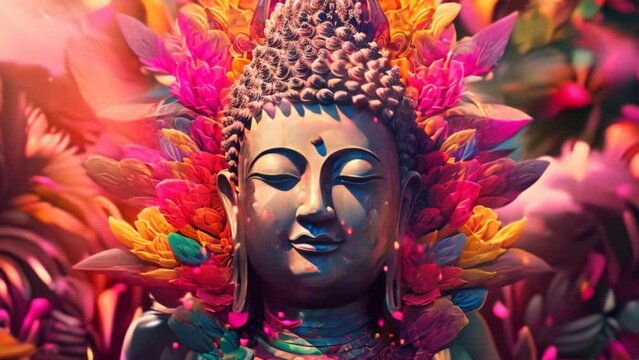 The Buddha's head is full and detailed on a colorful background. digital art collage