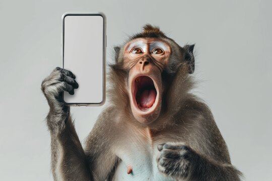 Shocked monkey holding smartphone with white mockup screen on solid white background