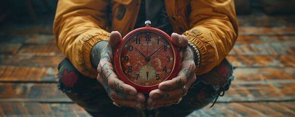 man has a red clock in his hands
