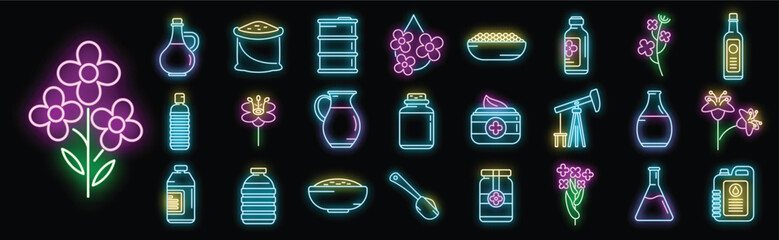 Canola icons set outline vector. Seed rapeseed. Cuisine oil neon color isolated