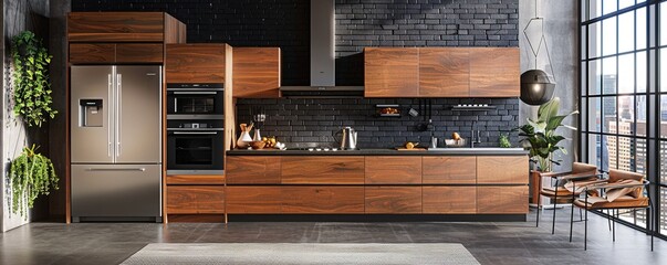 Modern kitchen with wood cabinetry covering fridge freezer dishwasher