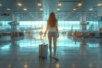 A woman walks through the airport with a suitcase. She's wearing summer clothes and she's in a hurry.