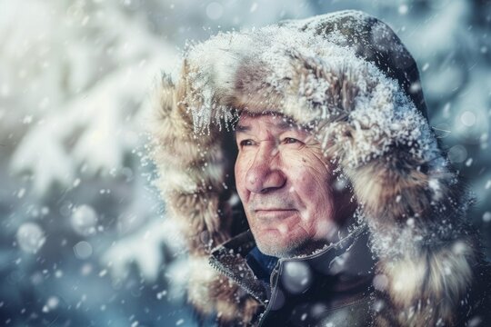 Arctic eskimo indigenous man portrait in traditional fur parka with snow on snowy storm blured background