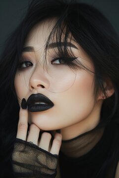 Close-up of gothic makeup and nails. A close-up portrait of a woman with dramatic gothic makeup, black lipstick, and black manicured nails