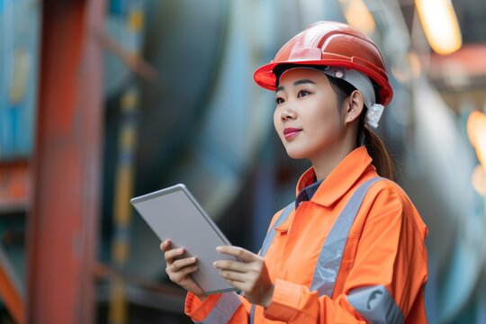 Civil engineer asian woman wearing uniform and hard hat holding tablet with info about the building and architecture