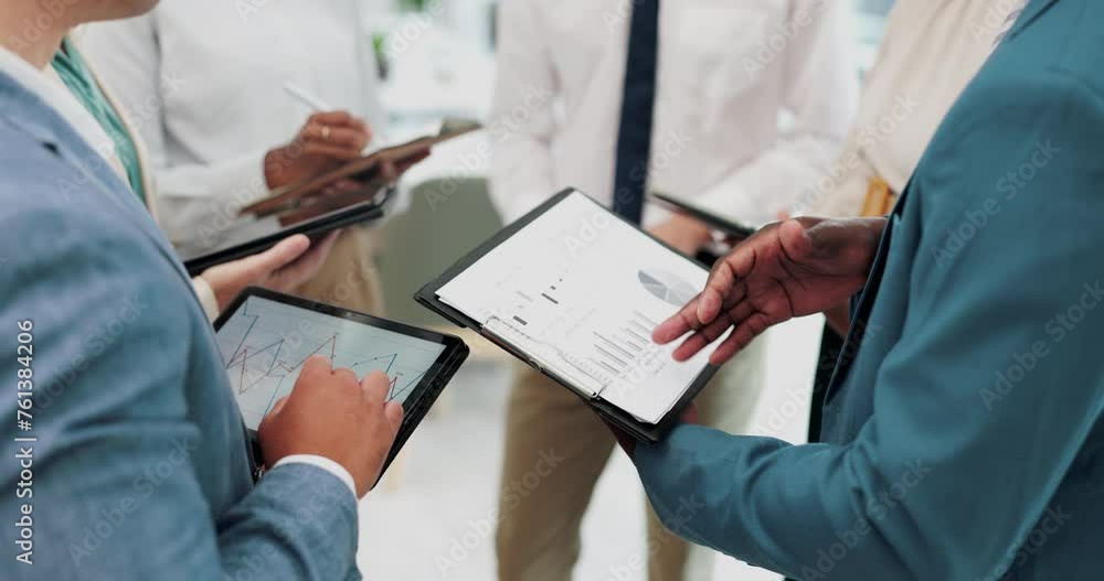 Poster teamwork, meeting and business people with statistics on tablet for website, online project and rese