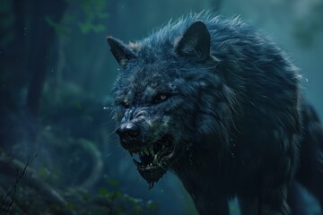 a warewolf on blured dark forest background