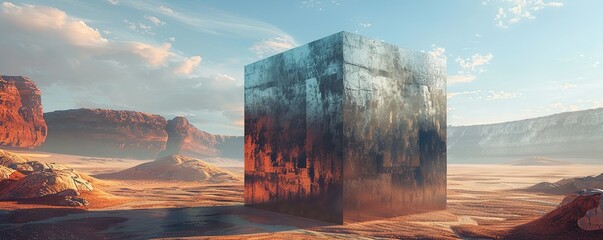Surreal landscape with a metal cube in the desert