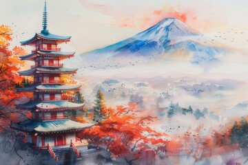 Watercolor image of a rare scene of Chureito Pagoda and Mount Fuji with morning mist in Japan during autumn.