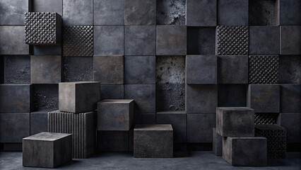 Black geometric shapes and concrete cubes wall pattern. Black wall texture background.