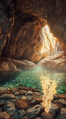 Warm light filters into a tranquil cave pool, highlighting the textured rock surfaces and still water