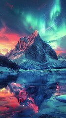 Water and mountain during northern lights - obrazy, fototapety, plakaty