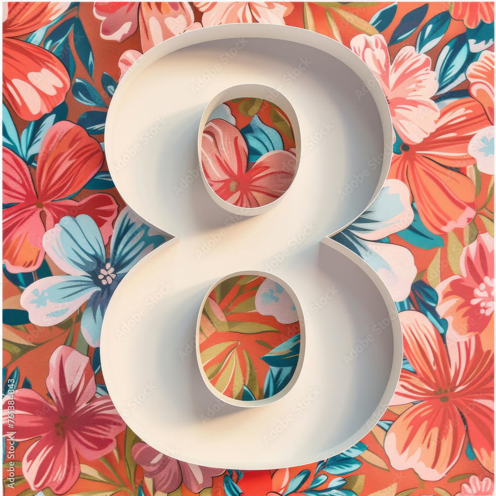 Poster a colorful background with the word 8 written on it is featured in the image.