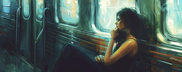 woman sitting in subway car - obrazy, fototapety, plakaty