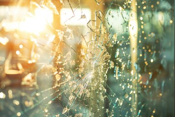 broken glass in a store close up, sun flare background