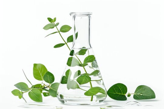 beakers plants, Green leaves in the flask filled with water, Green Chemistry on white background