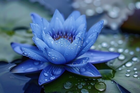 Blue water lily with drops of water on it's petals and leaves