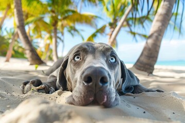 Cute Grate dane dog resting on vacation on a beach - obrazy, fototapety, plakaty