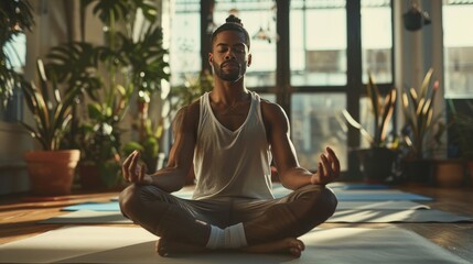 Fototapeta na wymiar Man Meditating in Yoga Studio
