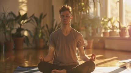 Fototapeta na wymiar Man Meditating in Yoga Studio