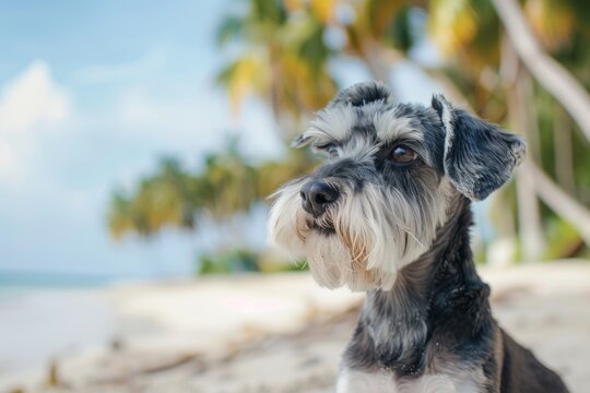 Cute Schnauzer dog with surprised expression resting on vacation on a beach with palm trees