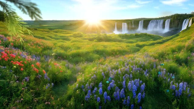 landscape with waterfall at sunrise. Seamless looping time lapse 4k video animation background